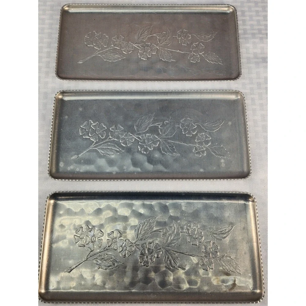 Aluminum Hand-wrought Trays VTG Embossed Floral Design Dogwood Flowers 1950s
